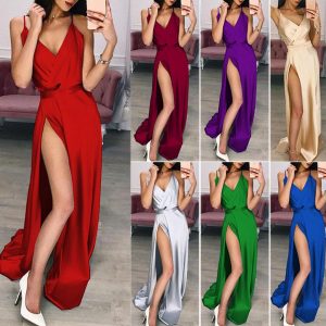 European And American V-neck Sling Split Mopping Dress